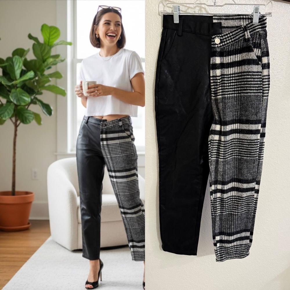 Half Leather Plaid Pants High Waist Split Black White Tapered Small